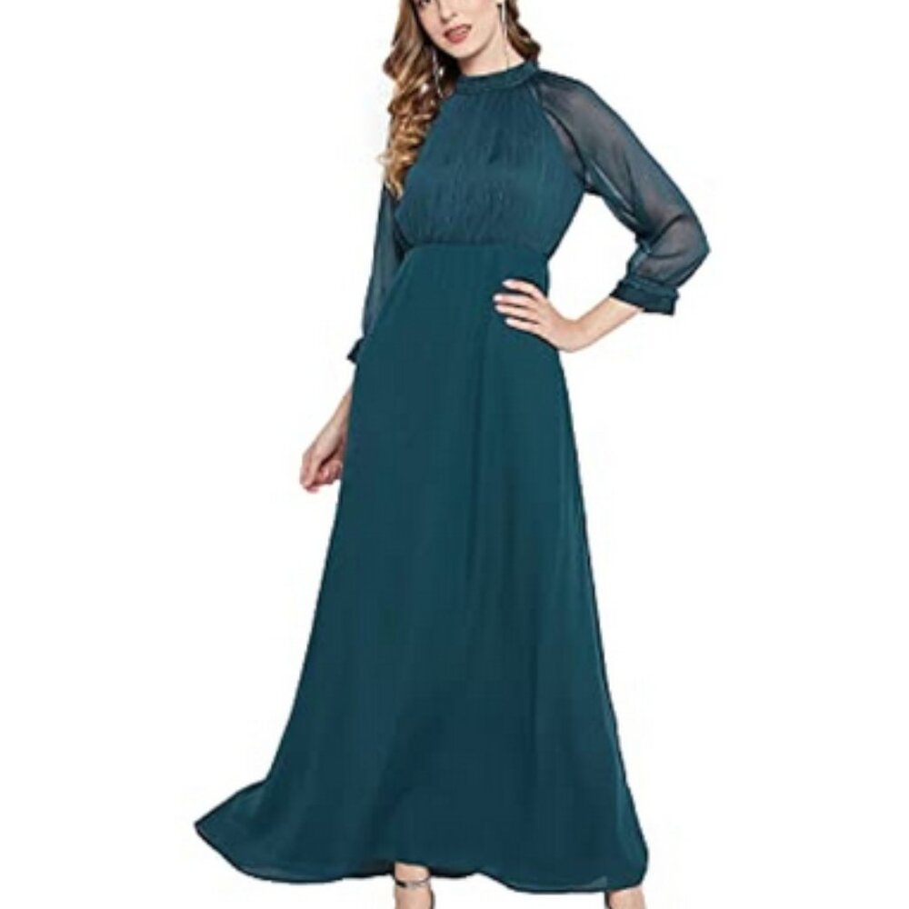 Madame Solid Mandarin Satin Maxi Dress Teal Beaded Shimmer New M
